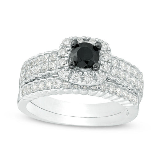 1.0 CT. T.W. Enhanced Black and White Natural Diamond Cushion Frame Bridal Engagement Ring Set in Solid 10K White Gold