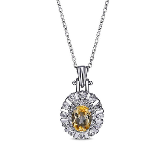 Oval Citrine and Lab-Created White Sapphire Double Scallop Frame Pendant in Sterling Silver