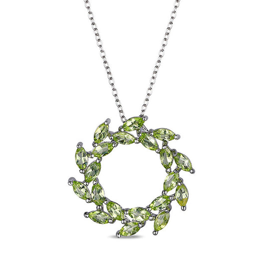 Marquise Peridot Wreath Open Circle Pendant in Sterling Silver