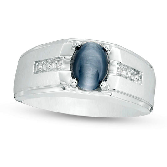 Men's Oval Simulated Cat's Eye and Natural Diamond Accent Multi-Finish Ring in Solid 10K White Gold