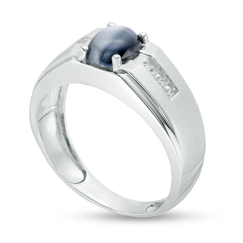 Men's Oval Simulated Cat's Eye and Natural Diamond Accent Multi-Finish Ring in Solid 10K White Gold
