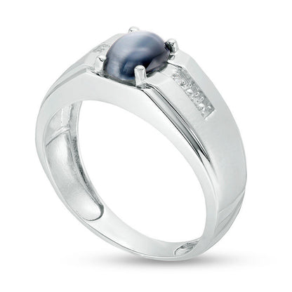 Men's Oval Simulated Cat's Eye and Natural Diamond Accent Multi-Finish Ring in Solid 10K White Gold