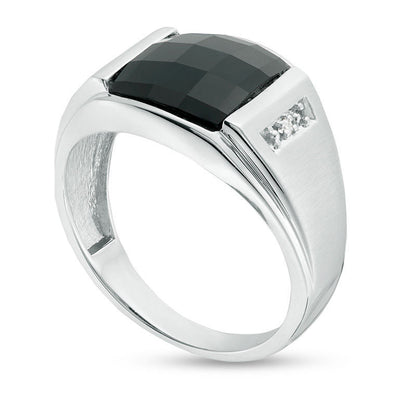 Men's Rectangle Faceted Onyx and Natural Diamond Accent Multi-Finish Ring in Solid 10K White Gold
