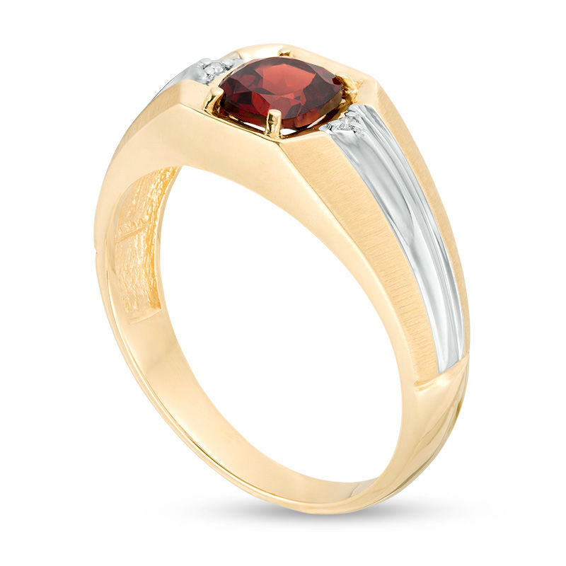 Men's 6.0mm Cushion-Cut Garnet and Natural Diamond Accent Multi-Finish Ring in Solid 10K Two-Tone Gold