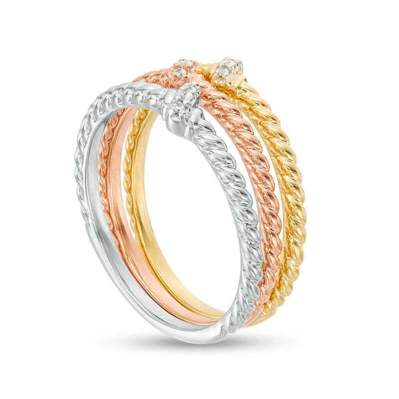 0.05 CT. T.W. Natural Diamond Slant Twist Three Piece Stackable Band Set in Solid 10K Tri-Tone Gold