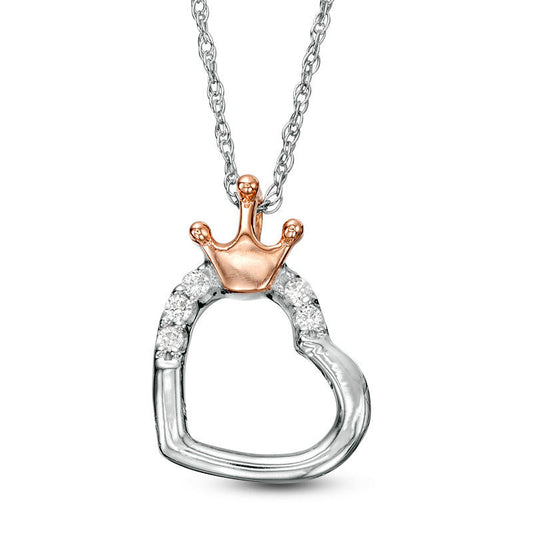 0.05 CT. T.W. Natural Diamond Crown-Topped Tilted Heart Pendant in Sterling Silver and 10K Rose Gold