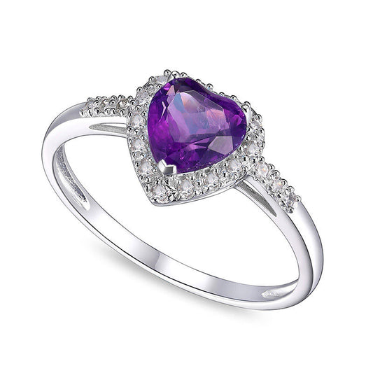 6.0mm Heart-Shaped Amethyst and 0.10 CT. T.W. Natural Diamond Frame Ring in Solid 10K White Gold