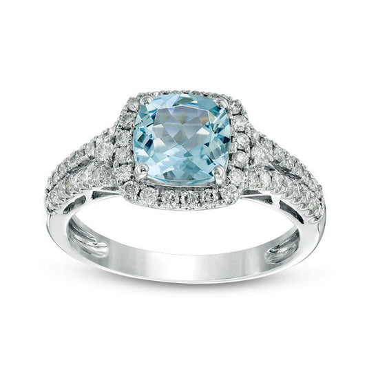 7.0mm Cushion-Cut Aquamarine and 0.38 CT. T.W. Natural Diamond Frame Engagement Ring in Solid 14K White Gold