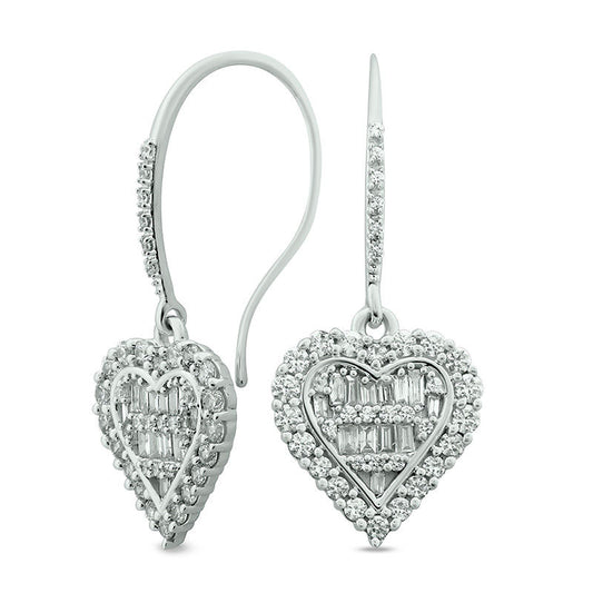 1 CT. T.W. Baguette and Round Diamond Heart Drop Earrings in 10K White Gold