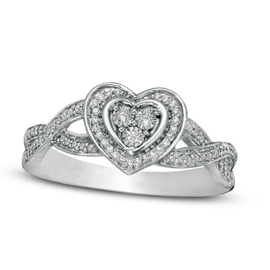 0.10 CT. T.W. Natural Diamond Heart Frame Crossover Shank Promise Ring in Sterling Silver