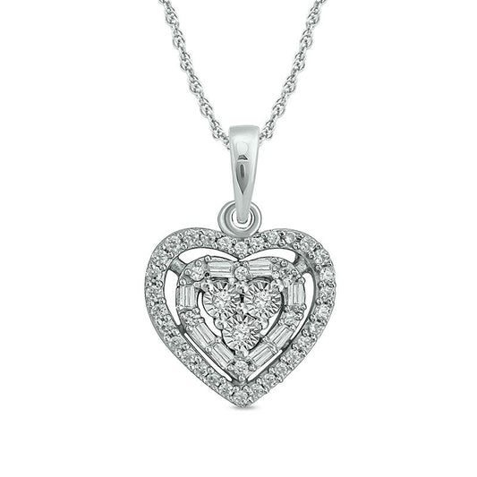 0.17 CT. T.W. Baguette and Round Natural Diamond Heart Frame Pendant in 10K White Gold