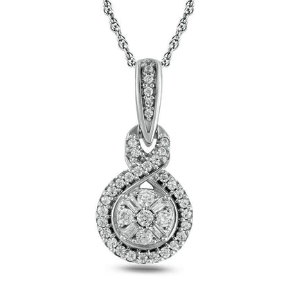 0.2 CT. T.W. Baguette and Round Natural Diamond Frame Twist Pendant in 10K White Gold