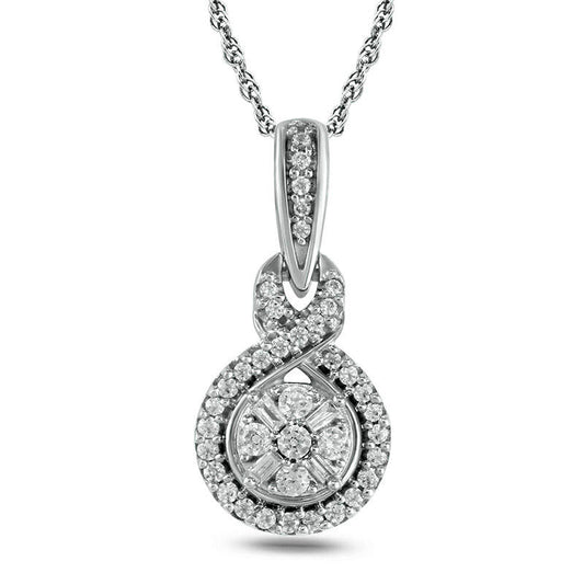 0.2 CT. T.W. Baguette and Round Natural Diamond Frame Twist Pendant in 10K White Gold