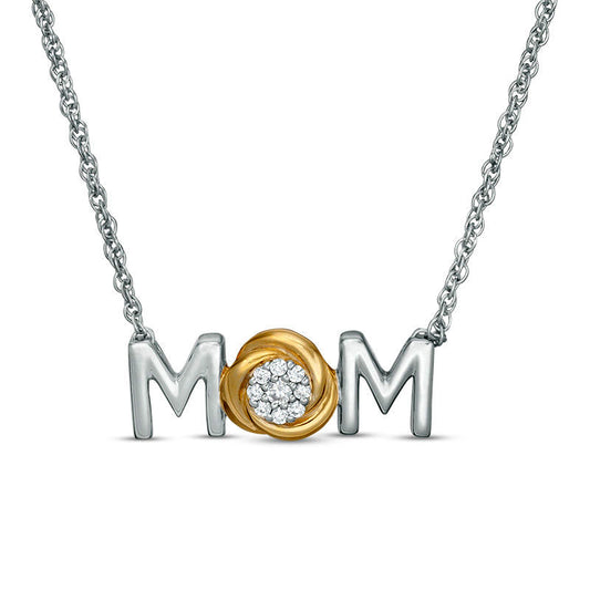 0.07 CT. T.W. Composite Natural Diamond "MOM" Knot Necklace in Sterling Silver and 10K Yellow Gold - 17"