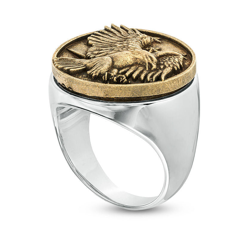 Men's Flying Eagle Antique-Finished Signet Ring in Sterling Silver and Bronze
