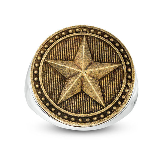 Men's Bead Frame Barn Star Antique-Finished Signet Ring in Sterling Silver and Bronze