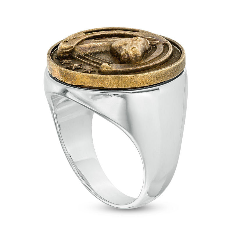 Men's Horse and Horseshoe Antique-Finished Signet Ring in Sterling Silver and Bronze