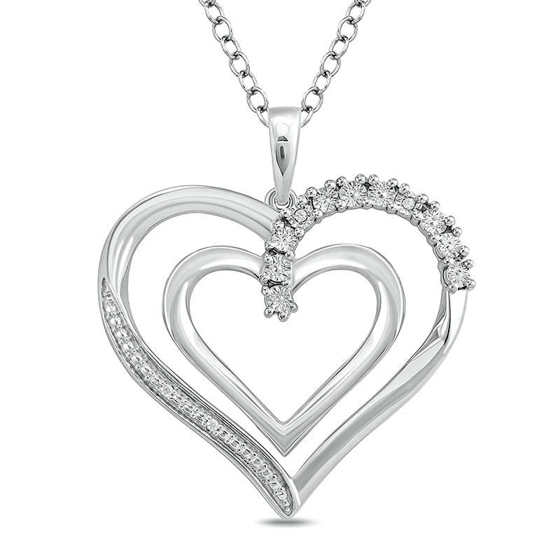 Natural Diamond Accent Double Heart Outline Pendant in Sterling Silver