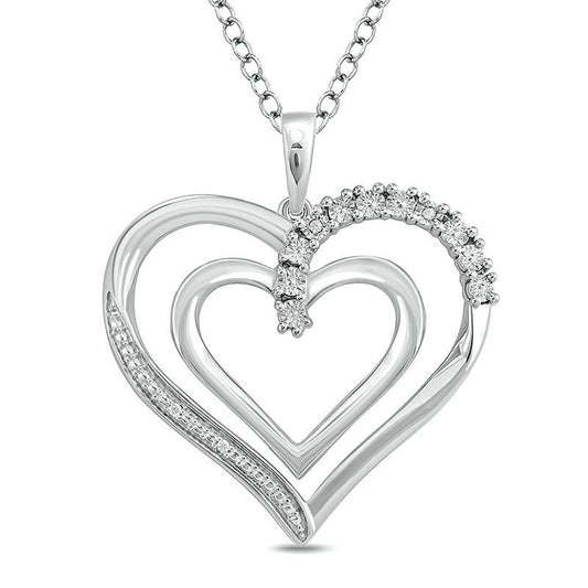 Natural Diamond Accent Double Heart Outline Pendant in Sterling Silver