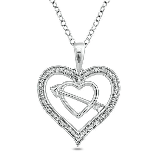 Natural Diamond Accent Double Heart with Arrow Pendant in Sterling Silver