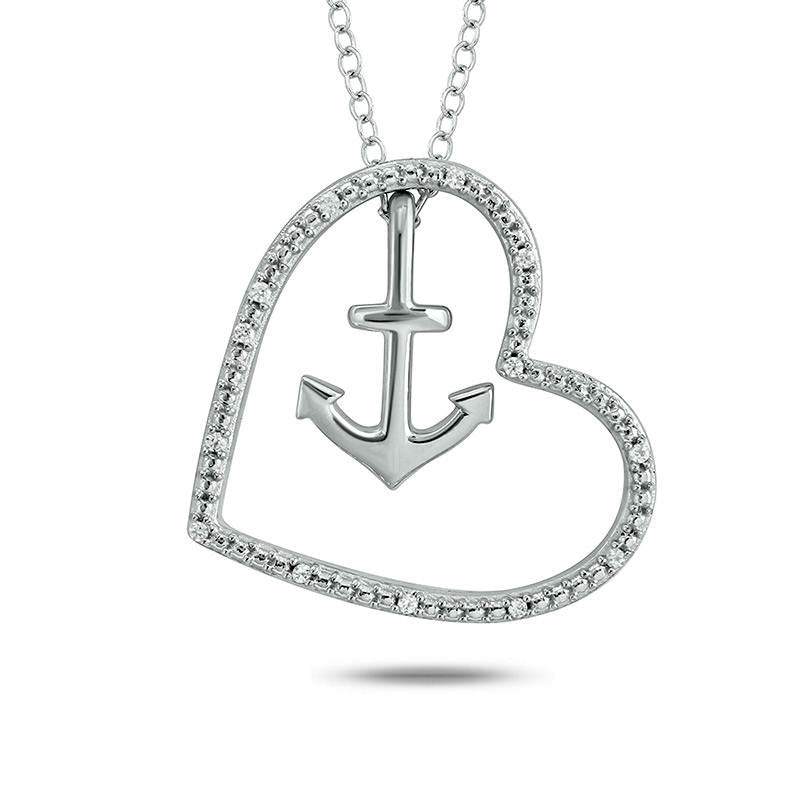 Natural Diamond Accent Tilted Heart Outline with Anchor Pendant in Sterling Silver