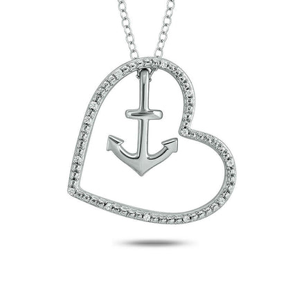Natural Diamond Accent Tilted Heart Outline with Anchor Pendant in Sterling Silver