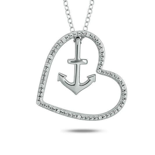 Natural Diamond Accent Tilted Heart Outline with Anchor Pendant in Sterling Silver