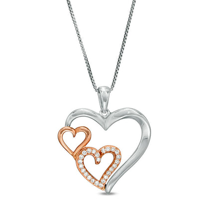 0.13 CT. T.W. Natural Diamond Triple Heart Pendant in Sterling Silver and 10K Rose Gold