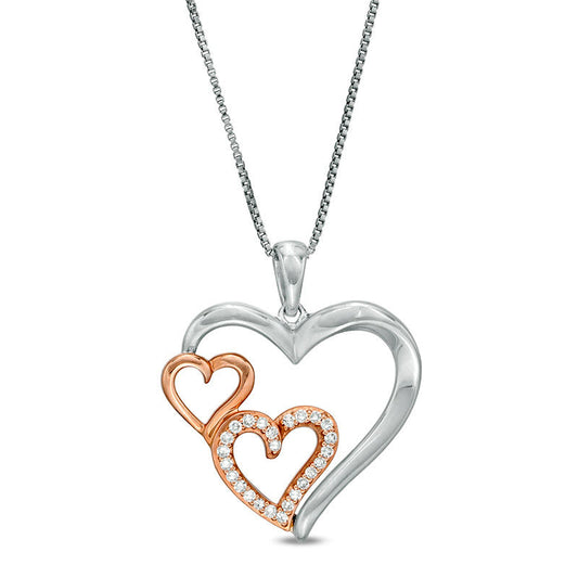 0.13 CT. T.W. Natural Diamond Triple Heart Pendant in Sterling Silver and 10K Rose Gold