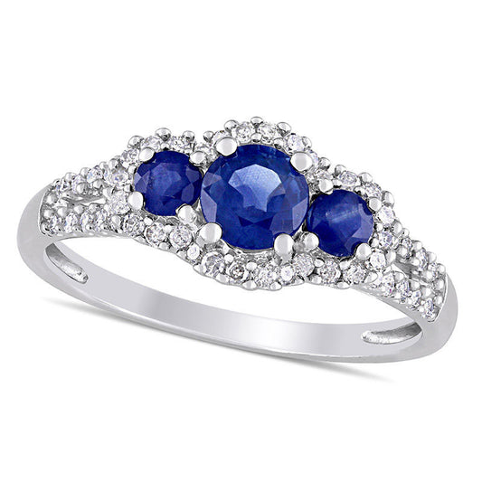 Blue Sapphire and 0.25 CT. T.W. Natural Diamond Frame Three Stone Split Shank Ring in Solid 10K White Gold