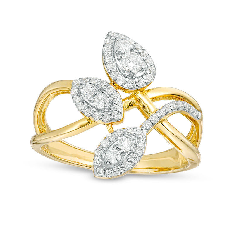 0.50 CT. T.W. Natural Diamond Layered Crossover Triple Leaf Ring in Solid 10K Yellow Gold