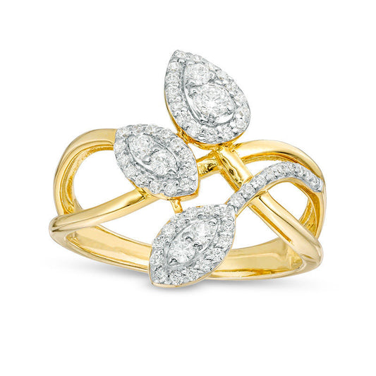 0.50 CT. T.W. Natural Diamond Layered Crossover Triple Leaf Ring in Solid 10K Yellow Gold