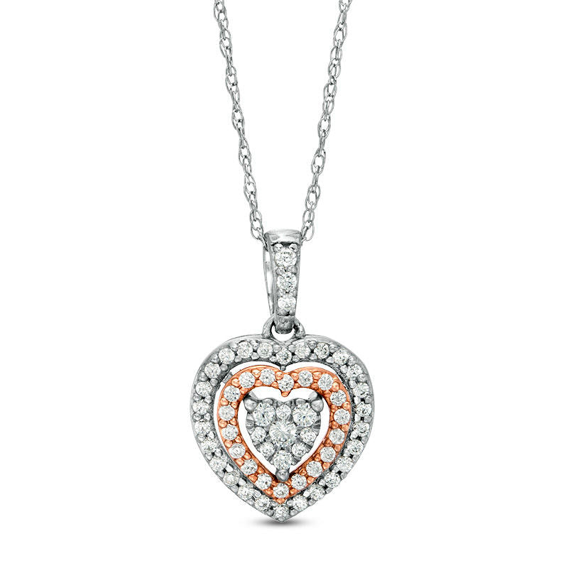 0.25 CT. T.W. Natural Diamond Double Frame Heart Pendant in 10K Two-Tone Gold