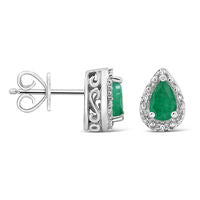 Pear-Shaped Emerald and Diamond Accent Frame Stud Earrings in Sterling Silver