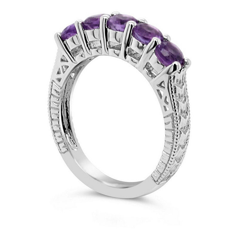 4.0mm Amethyst Five Stone Antique Vintage-Style Ring in Sterling Silver