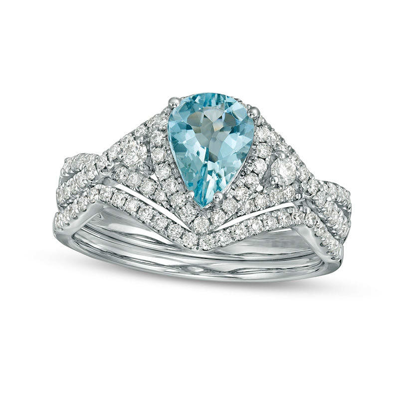 Pear-Shaped Aquamarine and 0.38 CT. T.W. Natural Diamond Frame Twist Shank Bridal Engagement Ring Set in Solid 14K White Gold