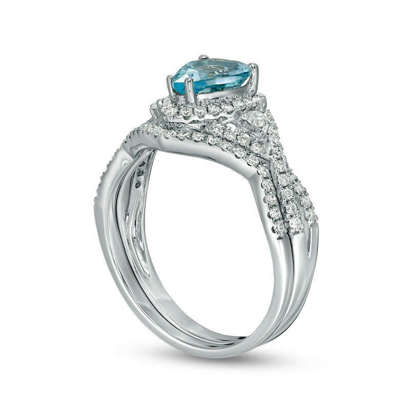 Pear-Shaped Aquamarine and 0.38 CT. T.W. Natural Diamond Frame Twist Shank Bridal Engagement Ring Set in Solid 14K White Gold