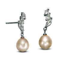 7.0 - 7.5mm Oval Cultured Freshwater Pearl and Marquise White Topaz Graduated Slant Drop Earrings in Sterling Silver