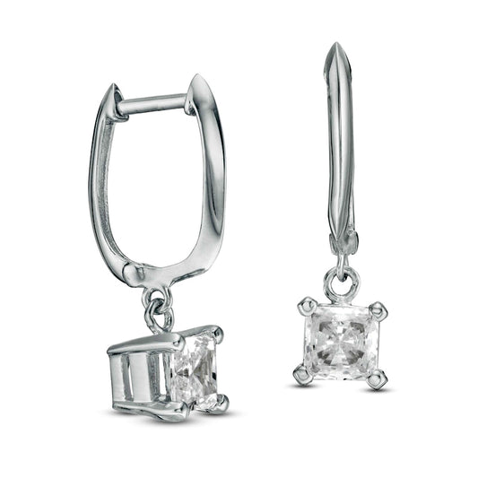 1 CT. T.W. Certified Princess-Cut Diamond Solitaire Drop Hoop Earrings in 14K White Gold (I/VS2)