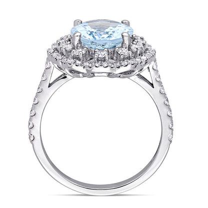 Oval Aquamarine and 0.75 CT. T.W. Natural Diamond Double Scallop Frame Floral Ring in Solid 14K White Gold