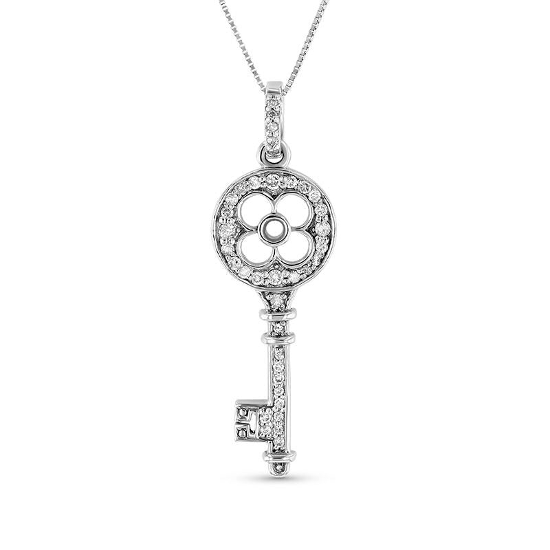 0.25 CT. T.W. Natural Diamond Clover-Top Key Pendant in 14K White Gold
