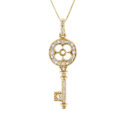 0.25 CT. T.W. Natural Diamond Clover-Top Key Pendant in 14K Gold