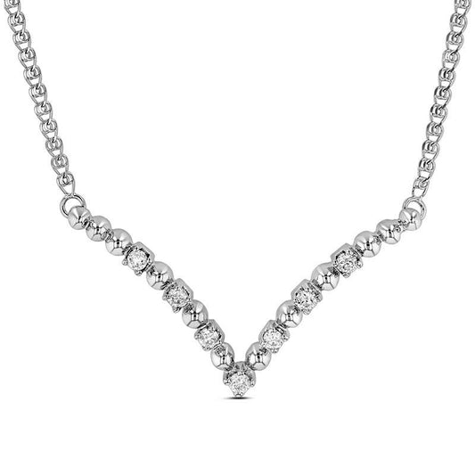 0.2 CT. T.W. Natural Diamond and Beaded Alternating "V" Necklace in 14K White Gold - 17.31"