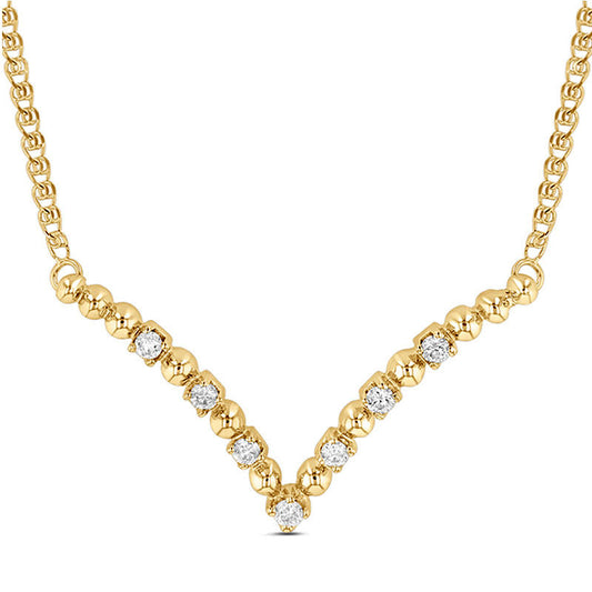0.2 CT. T.W. Natural Diamond and Beaded Alternating "V" Necklace in 14K Gold - 17.31"