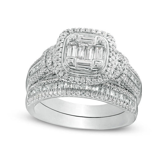 1.0 CT. T.W. Composite Baguette and Round Natural Diamond Cushion Frame Bridal Engagement Ring Set in Solid 10K White Gold