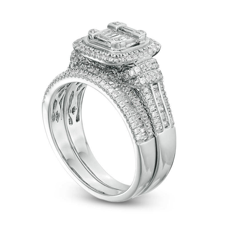 1.0 CT. T.W. Composite Baguette and Round Natural Diamond Cushion Frame Bridal Engagement Ring Set in Solid 10K White Gold