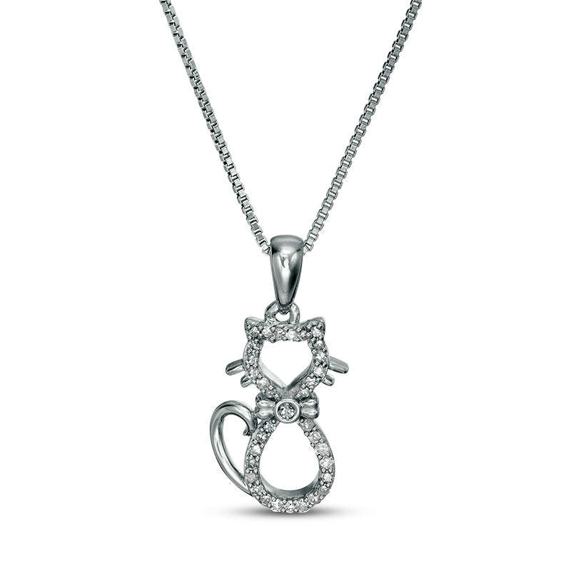 0.1 CT. T.W. Natural Diamond Cat Outline with Bow Pendant in Sterling Silver