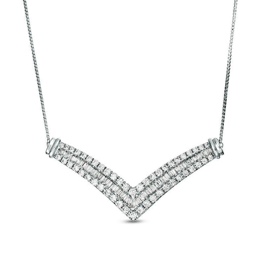 1 CT. T.W. Baguette and Round Natural Diamond Multi-Row Chevron Necklace in 10K White Gold