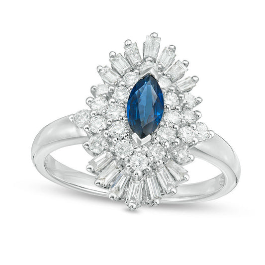 Marquise Blue Sapphire and 0.75 CT. T.W. Natural Diamond Starburst Frame Ring in Solid 14K White Gold