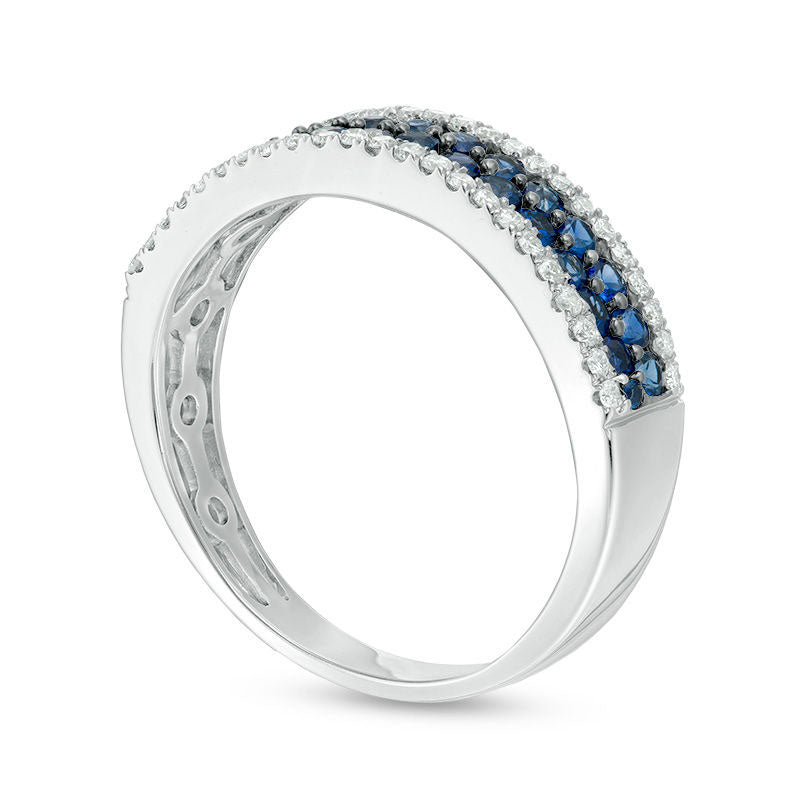 Blue Sapphire and 0.25 CT. T.W. Natural Diamond Border Multi-Row Ring in Solid 14K White Gold